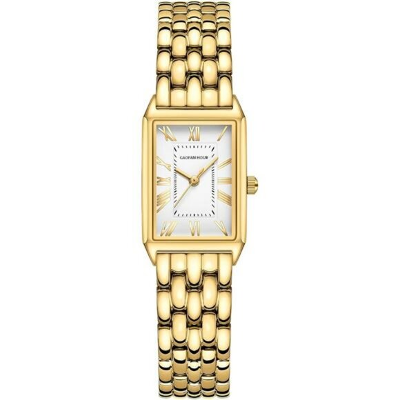 Gold Rectangle Watch Women Roman Dial Stainless Steel Band Water Resistant - Picture 1 of 7